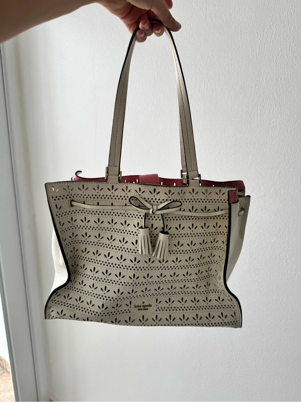 kate spade Cream Tote with Pink Interior and Tassel Detail